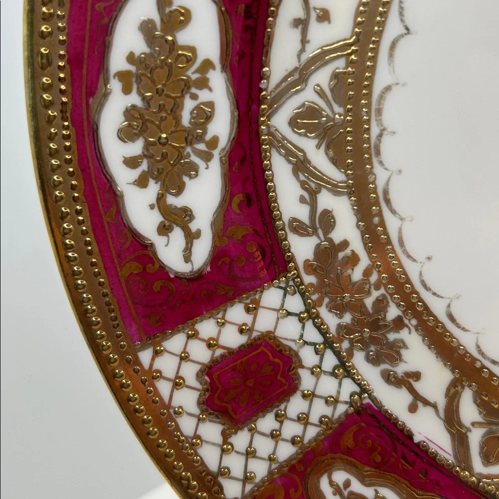 Nippon‎ Porcelain Dessert Plate Burgundy Floral Beaded Gold Gilt Moriage Vintage